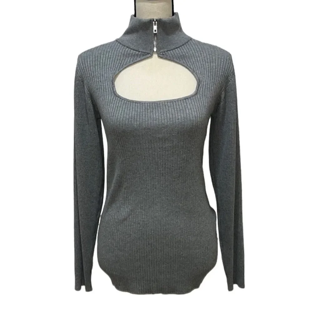 Ashley Stewart Mock Neck Zip Detailed Ribbed Knit Sweater